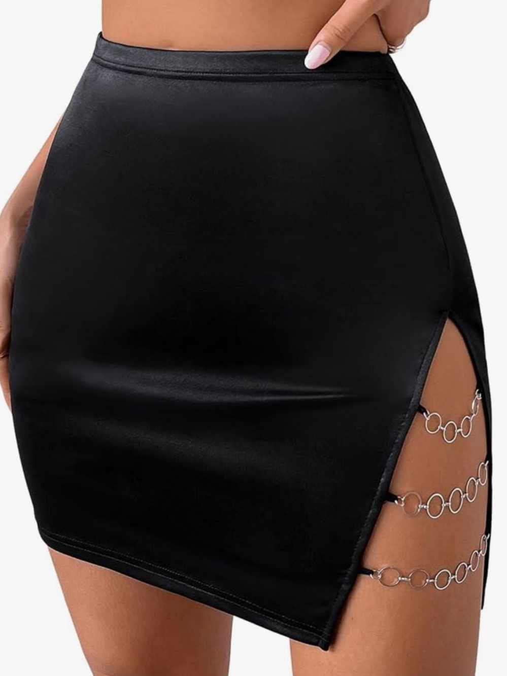 Black Satin Mini Skirt with Chain-Trim Side Slit